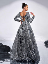 Black Panel A-line Sequin Evening Dress
